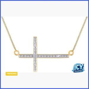 White Natural Diamond Accent Sideways Cross Pendant Necklace 14k Gold Over